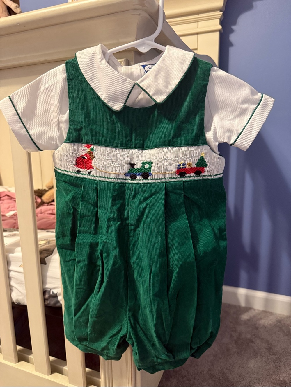 Carriage Boutique Green Smocked Romper with White Collar